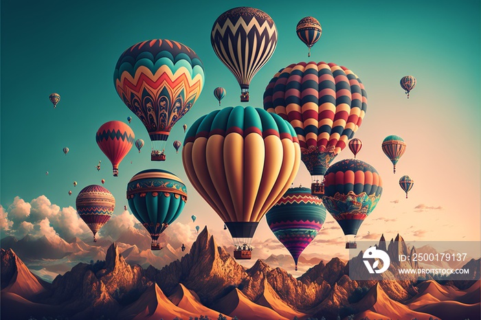 Landscape with many hot air balloons in the sky. AI