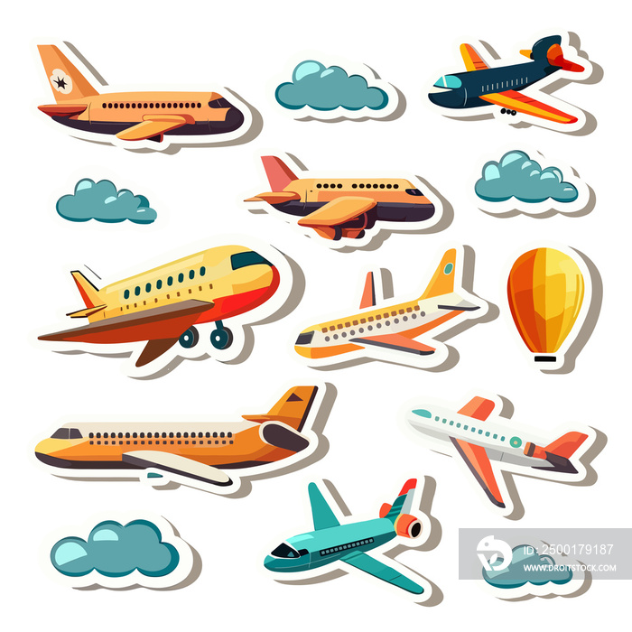 Set of Sticker Style Airplanes And Clouds Elements.