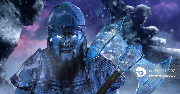 Fantasy 3d render illustration of ice viking demigod holding sharp axe made of ice on winter mountains background.