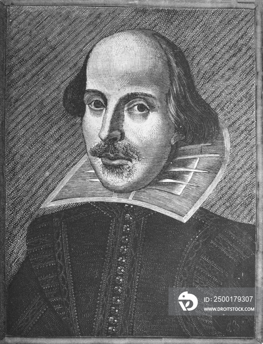 Portrait of William Shakespeare, an English poet, playwright, and actor in the English language in the old book the Shakespeare’s life, by V. Chuiko, 1889, St. Petersburg