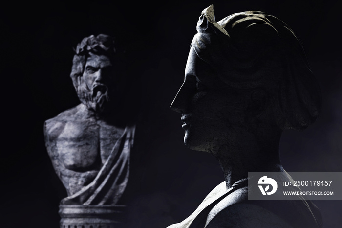 3d render illustration of antique greek female and male gods sculptures on dark background.