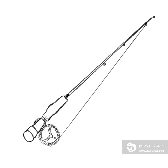 Long fishing rod with big reel, pencil sketch illustration