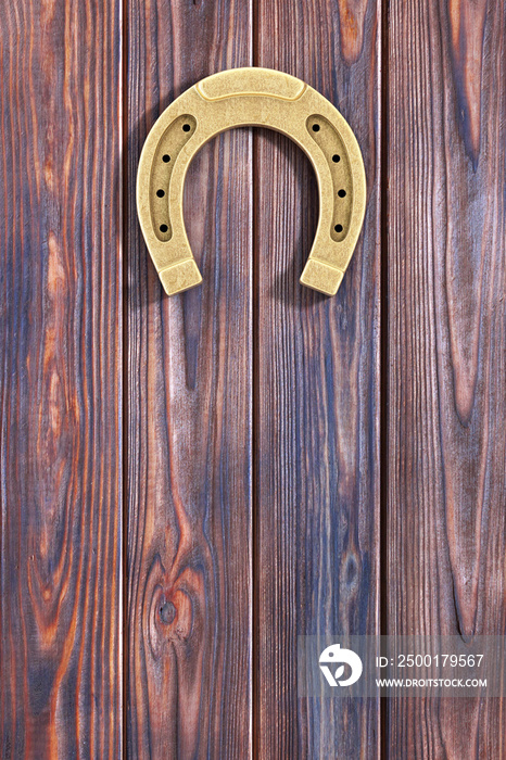 Antique Iron Gold Rusty Horseshoe Hanging on a Wooden Plank Door. 3d Rendering