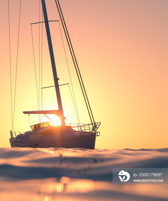 Beautiful modern yacht at sunset on calm seas relaxing holiday 3d render