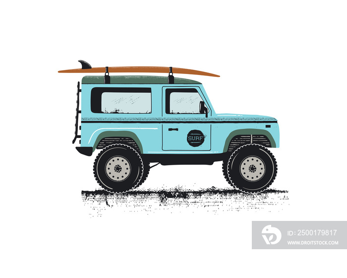 Vintage hand drawn surf car. Retro transportation with surfboard. Old style sufing automobile. Perfect for T-Shirt, travel mugs and otjer outdoor adventure apparel, clothing prints. Stock
