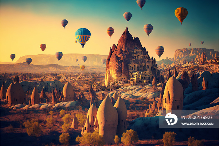 hot air balloons flying over Cappadocia 3 d illustration