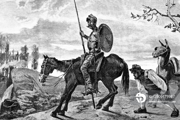 Don Quixote, the adventure of the fullers. Antique illustration. 1882.