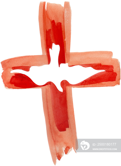 Watercolor illustration  The Descent of the Holy Spirit in the form of a white dove on a background of a fire cross  Isolated on a white background.