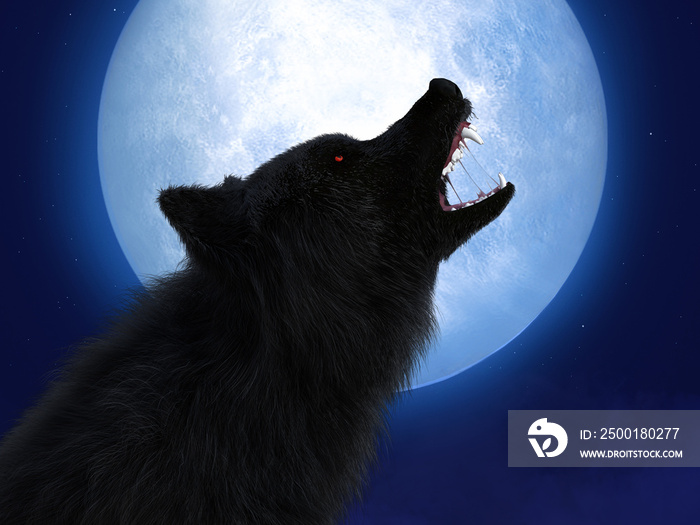 3D rendering of black wolf with red eyes in moonlight.