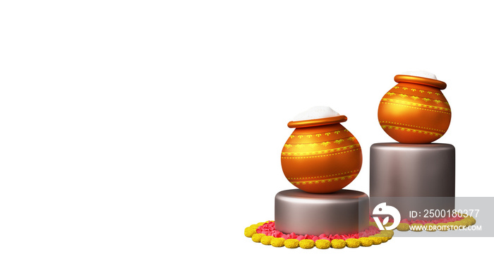 3D Render Clay Pots Full Of Pongal Dish Over Their Podiums, Lit Oil Lamp Stand (Diya) Element.