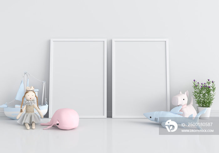 Two blank photo frame for mockup and doll on floor, 3D rendering