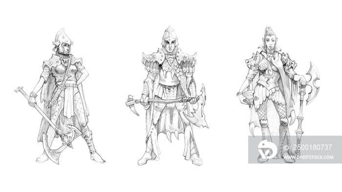 Elf warrior. Set of 3 drawings. Fantasy elves warriors.