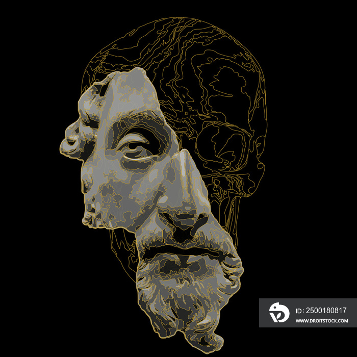 Creative 3d illustration of a man bust on black background