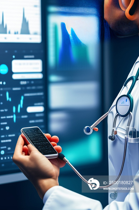 Doctor with stethoscope and Ui icon medical with advanced surgery robotic are precision on virtual interface, Future of healthcare, Medical, Science and Technology