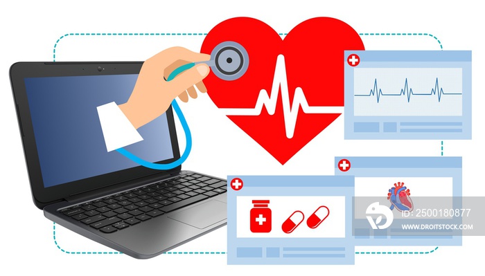 Illustration of hand holding a stethoscope through the laptop checking pulse.  Protected healthcare information (PHI) online medical consultation and telemedicine health care concept