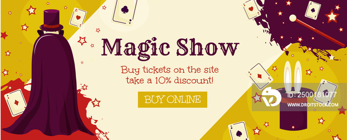 Magic show. A banner template with a wizard, cards and a magic wand. Circus tricks