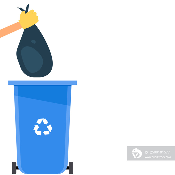 Gloved hand throws a full trash bag into a trash can. Vector illustration