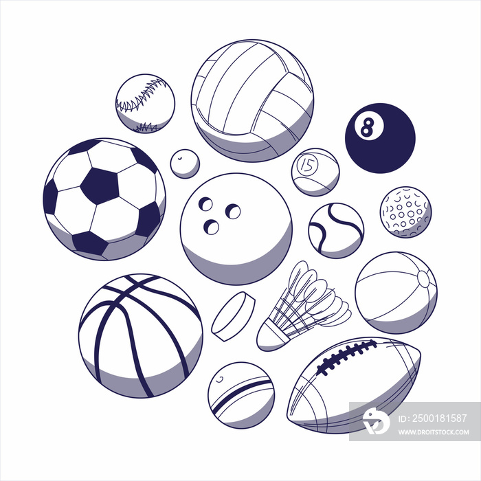 Flat set of sports equipment with transparent background.