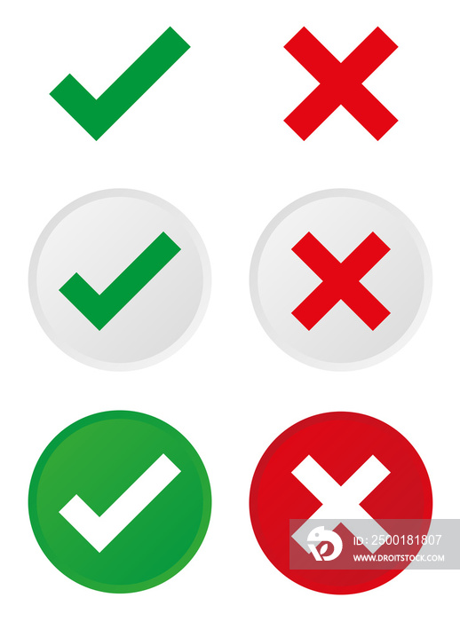 Green check mark and red cross mark icons or buttons. Checkmark, tick, checklist, approved sign, and symbols in different variations.