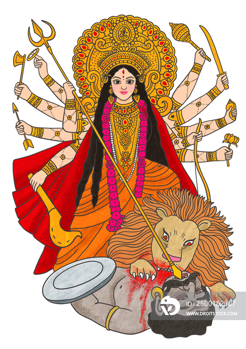 DurgaPuja Mother Goddess, Goddess of War, Anger, Hindu illustration.