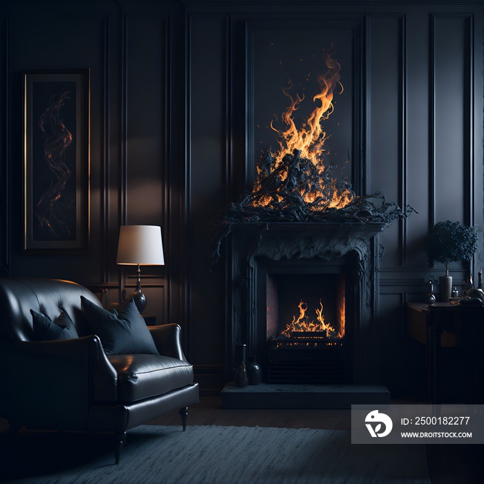 Photo of a cozy living room with a fireplace and armchair