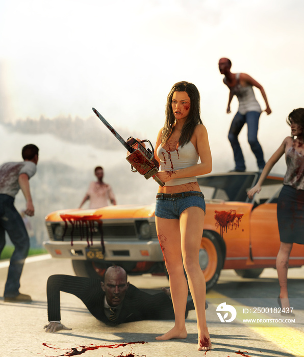 3d illustration of woman with chainsaw fight against zombies on highway