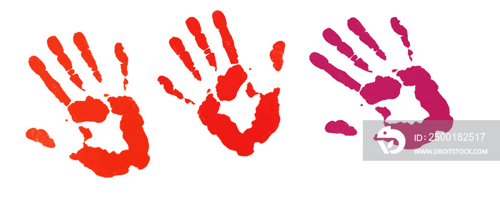 Bloody handprints on a white background. Symbol of a crime and its investigation.