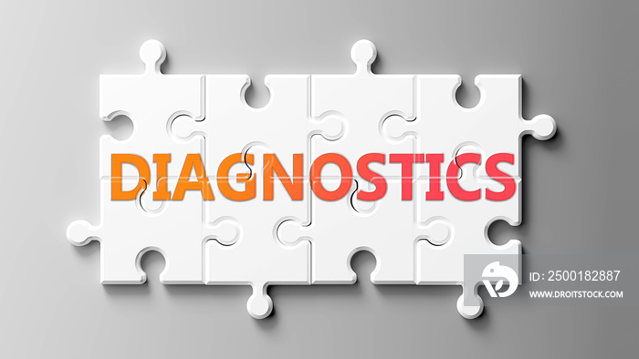 Diagnostics complex like a puzzle - pictured as word Diagnostics on a puzzle pieces to show that Diagnostics can be difficult and needs cooperating pieces that fit together, 3d illustration