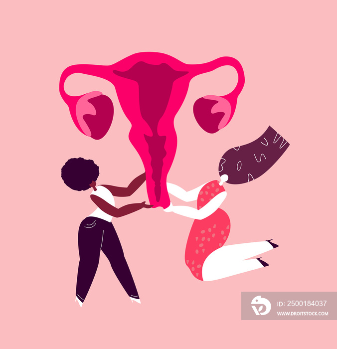 Happy International Woman Day.Feminism concept.Bright Beauty Different Girls Support Womb Uterus.Anatomical Female Ovaries.Vagina Symbol Menstruation. Free Women. Female Empowerment. Flat Illustration