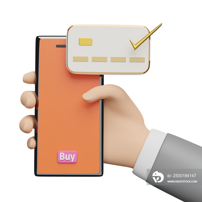 businessman hands holding orange mobile phone, smartphone with credit card check, buy label tag isolated. Internet banking, online shopping concept, 3d illustration or 3d render