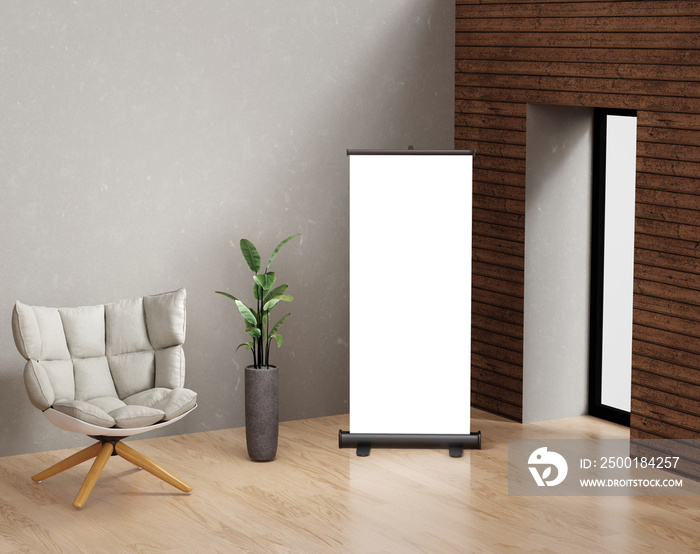 Empty roll up banner display mockup. 3d render in modern room with plant, sofa and window light