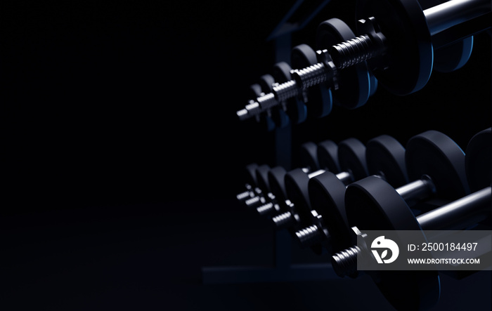 Dumbells set in the gym. 3d illustration