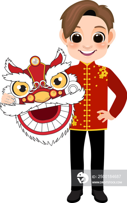 Chinese New Year with Boy holding Dragon Head