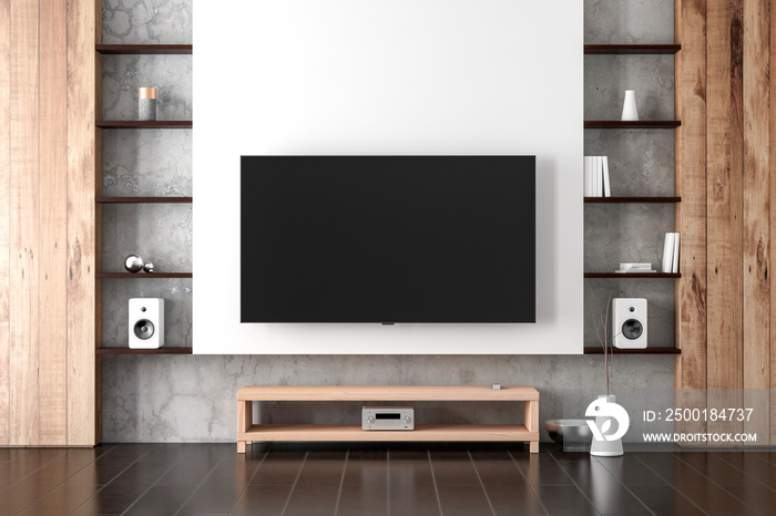 Large Smart Tv Mockup hanging on the wall in modern living room