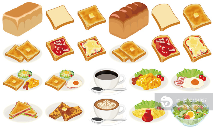 朝食の食パンイラスト（バタートースト、ジャムトースト、ピザトースト）