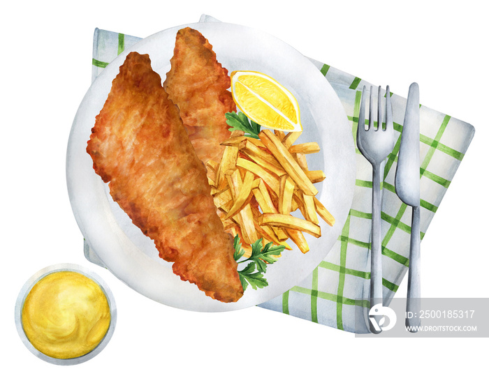 Classic British food fish and chips. Illustration watercolor
