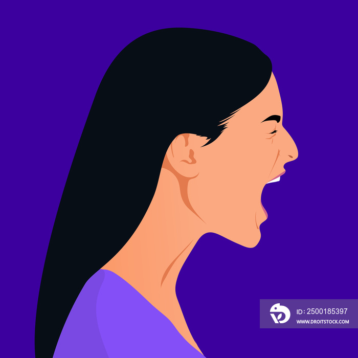 Screaming woman’s face in profile. Head of a girl in stress on the side. Aggression and irritation. Vector flat illustration