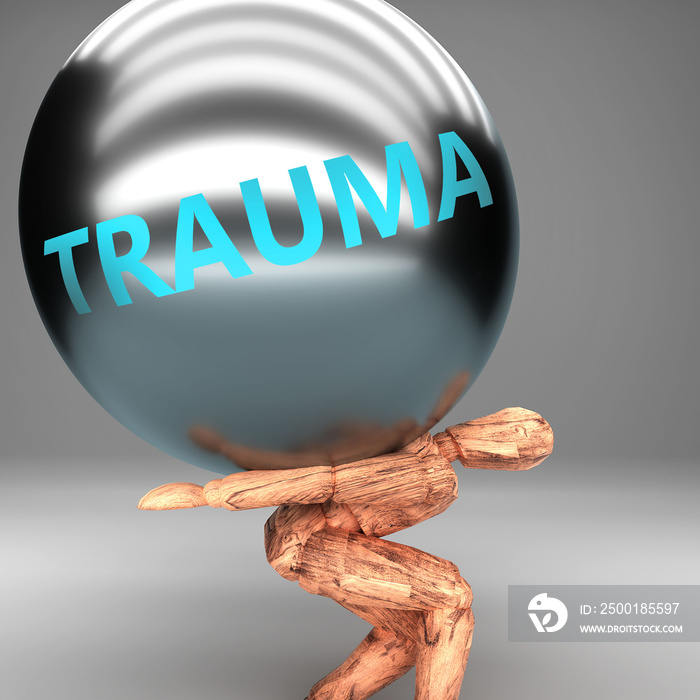 Trauma as a burden and weight on shoulders - symbolized by word Trauma on a steel ball to show negative aspect of Trauma, 3d illustration