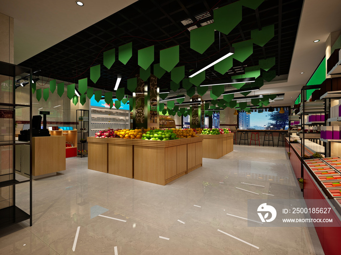 Grocery vegetables and fruits store, 3d render