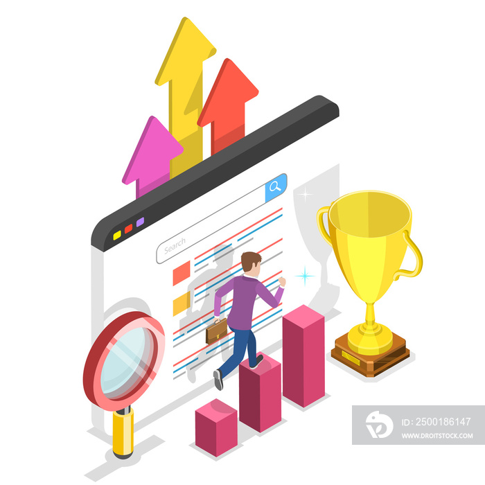 Flat isometric  concept of seo ranking growth, web analytics.