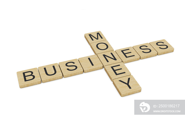 Business Money written with wooden letters, isolated on white background