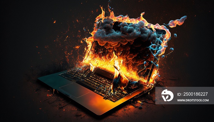 Burning Laptop Illustration. IT Emergency, Putting Out a Fire, Computer Disaster, Technology Services, Break the Internet, On Fire Concept.