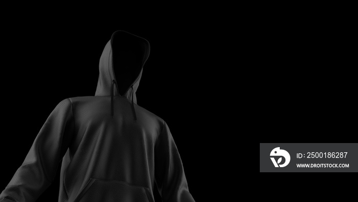 Anonimous hacker with black hoodie in shadow under spot lighting background. Dangorous criminal concept image. 3D CG. 3D illustration. 3D high quality rendering.