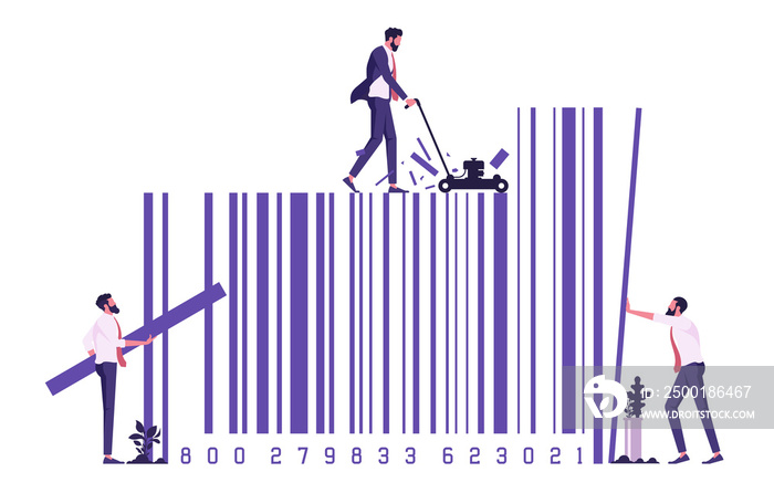 Businessman mowing on barcode representing rebranding, Rebuilding marketing strategy and creating a new look for a company