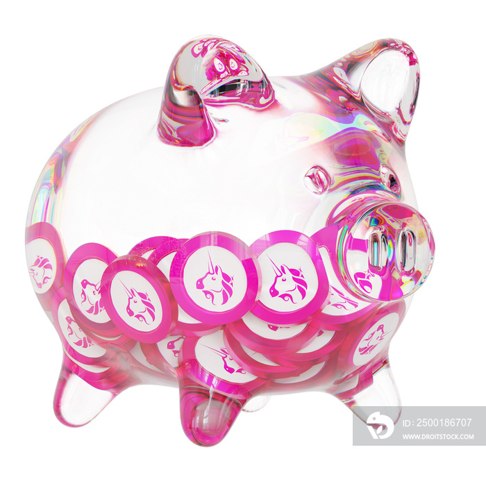 Uniswap (UNI) Glass piggy bank with decreasing piles of crypto coins.Saving inflation, financial crisis and loosing money concept 3d illustration