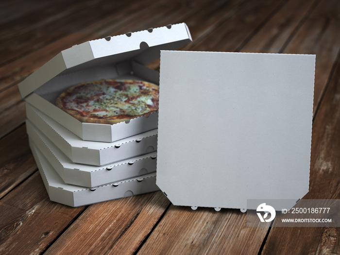 Pizza boxes on vintage wooden planks. Mock up.