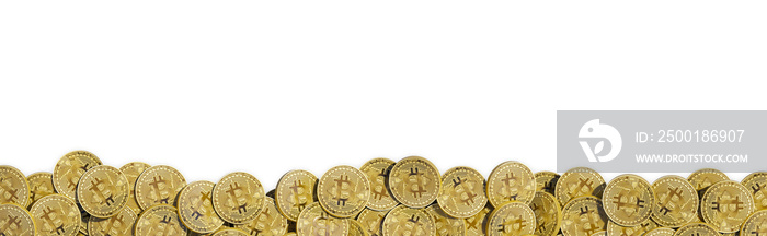 Scattered bitcoin coins isolated on white background. Horizontal crypto banner template blank. BTC cryptocurrency blockchain design blank