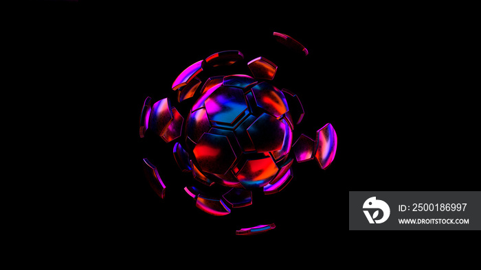 Soccer ball split parts and segments. 3d rendering in iridescent colors.