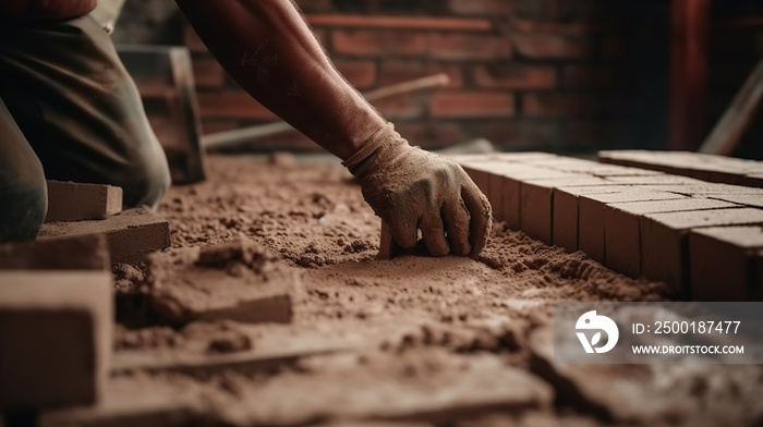 Professional worker using pan knife for building brick walls with cement and mortar