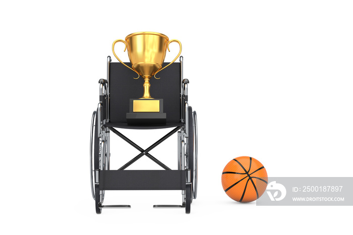 Sport Award Concept. Golden Award Trophy, Wheelchair and Basketball Ball. 3d Rendering